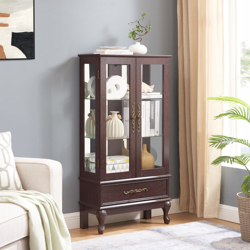 51.57"Curio Display Cabinet,Glass Wine Cabinet With Adjustable Shelves ,Sideboard With Bulb,Vintage Carved Metal Handle,Light Oak