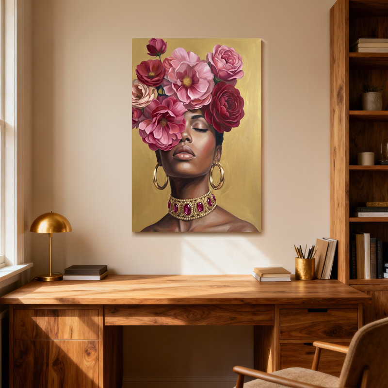Plantes et fleurs, couronne florale, portrait de femme sur fond doré