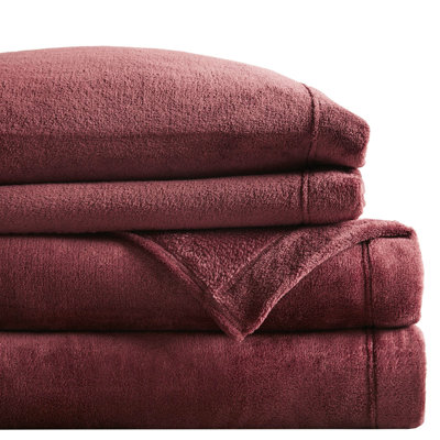 Drap simple 3 pièces, bourgogne, doux et chaud, 100%, brossé deux fois, aspect velours soyeux, drap plat, taie d'oreiller ajustée, drap pour matelas de 16 po, lavable à la machine, texture douce et luxueuse,