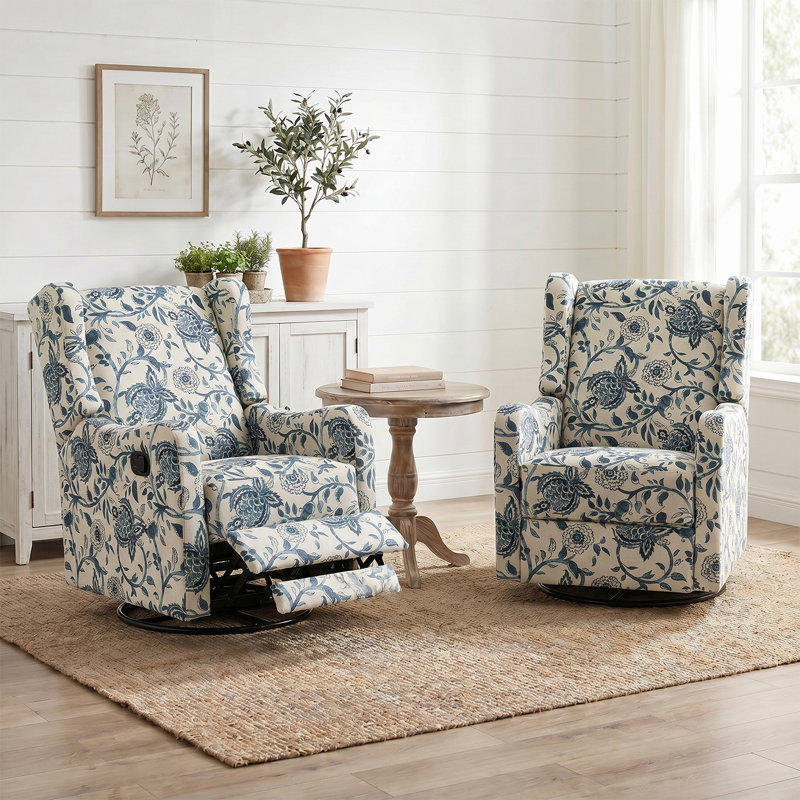 Antonanzas Floral Manual Swivel Rocker Recliner, Blue Polyester Blend