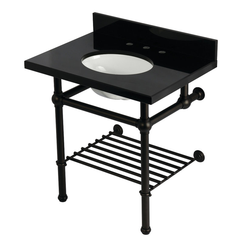 Kingston Brass Templeton 30-Inch Black Granite Console Sink with Brass Legs and Shelf (8-Inch, 3-Hole)