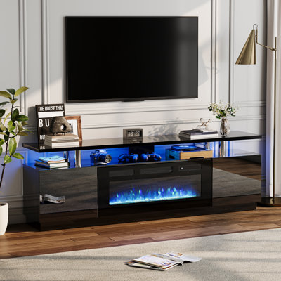 70'' Fireplace TV Stand with 36'' Firplace, Electric Fireplace Heater with 12 Frame and LED Light Colors, 2 Tier TV Console Cabinet, Entertainment Center
