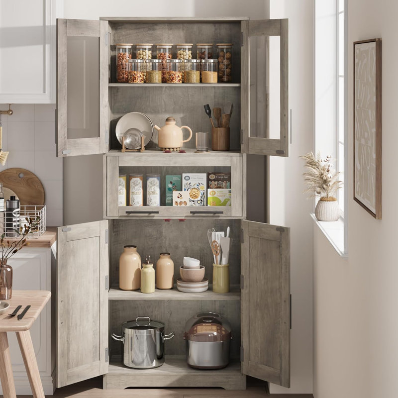 Armoire de cuisine de 67 po de hauteur, armoire de salle de bain avec portes en verre et tablette réglable, Natural