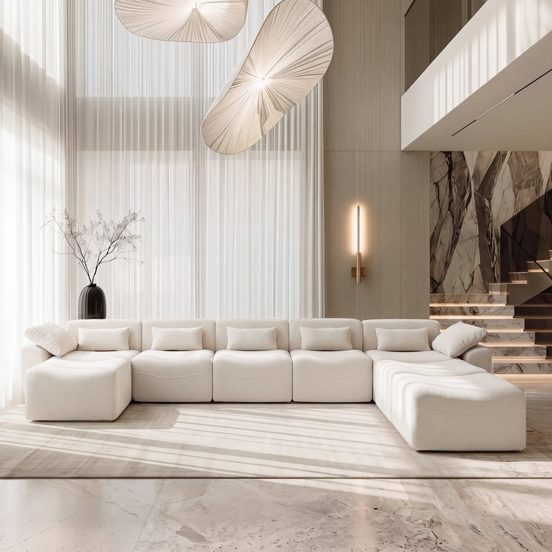 Segal 8 Piece Cloud Upholstered Oversized Modular U Shape Soft Chenille Compression  Chaise Sectional Sofa  with Wide Arms and Pillows No Assembly Required