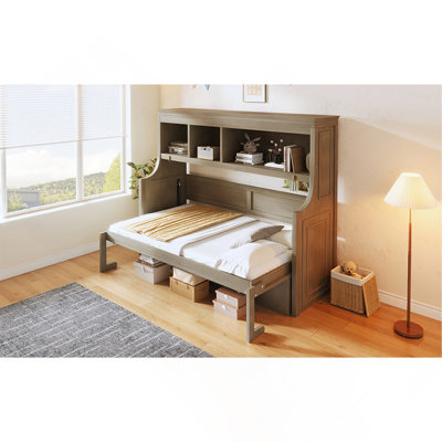 Lit escamotable double en bois avec bureau rabattable et étagères de rangement intégrées, gris délavé