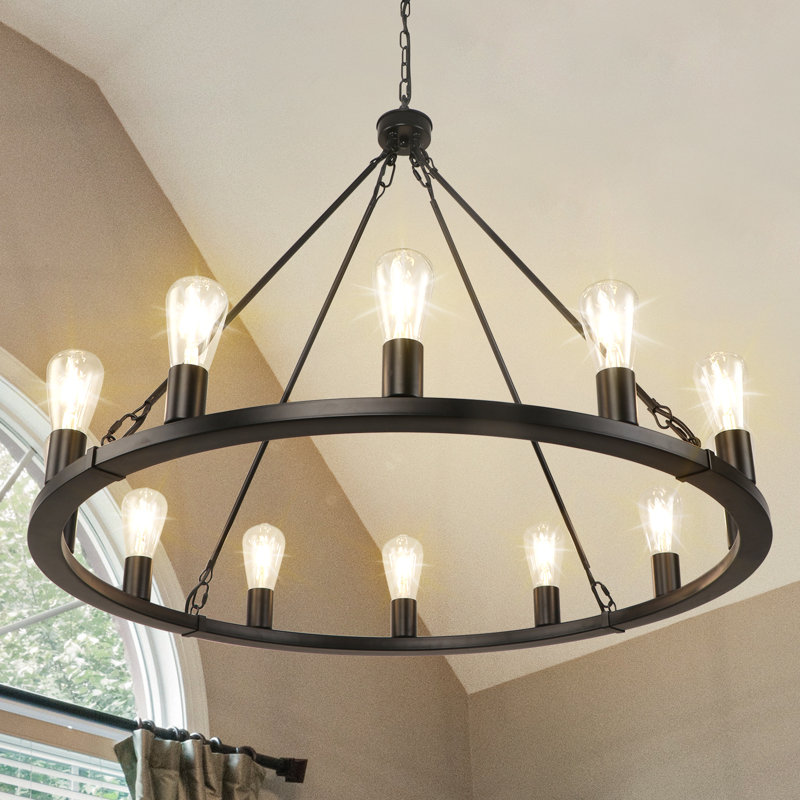 Lustre en roue de chariot à 12 lumières Hatsumi, Noir, H 88,58 po x l 35,43 po