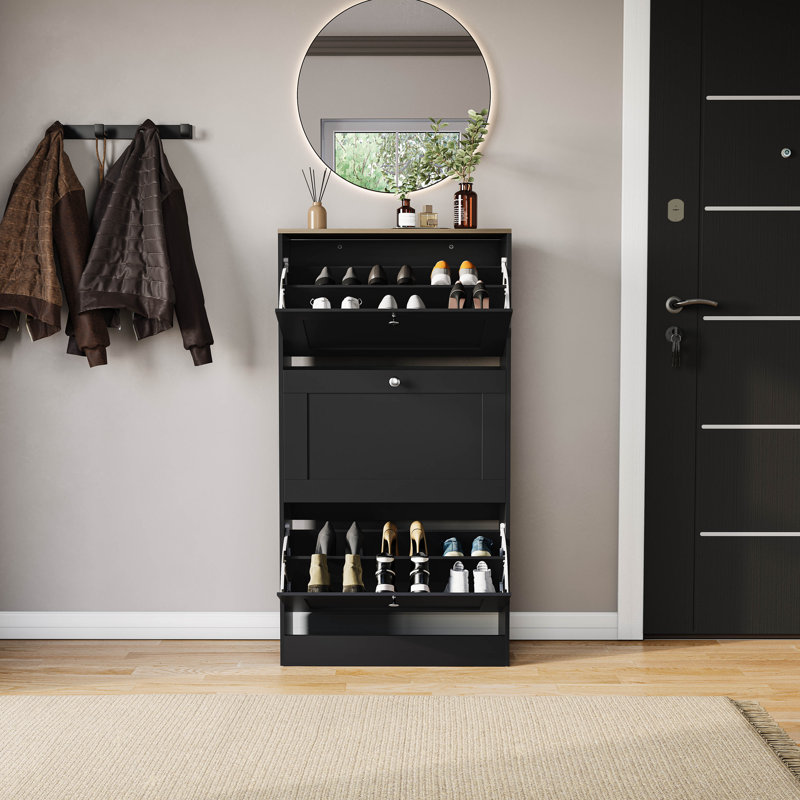 3 Drawer Shoe Cabinet with Top Modern Shoe Storage For Hallway Living Room & Bedroom, Black/Oak