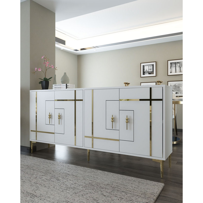 Modern White & Gold Console Table, 100% Melamine Coated Particle Board, Thickness: 0.7 inches | Wall-Mountable with Numerous Shelves, Elegant Glam Design for Living Room & Entryway Decor