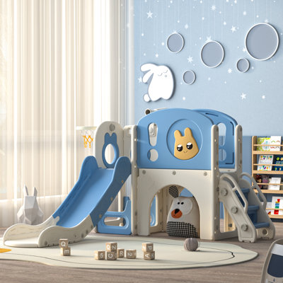8-in-1 Toddler Slide And Climber Play Set, Kids Slide Playground With Stairs, Tunnel, Telescope, Storage, Basketball Hoop And Ball For Kids Aged 1-3 Y