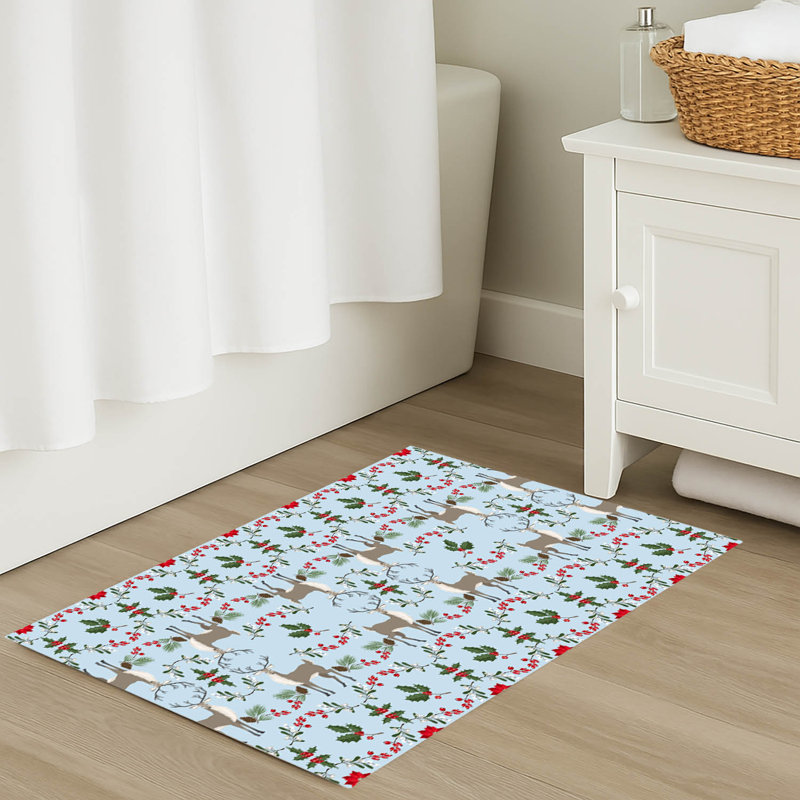 Botanical Deer Holiday Bath Mat, Blue, Single- 34" L x 21" W
