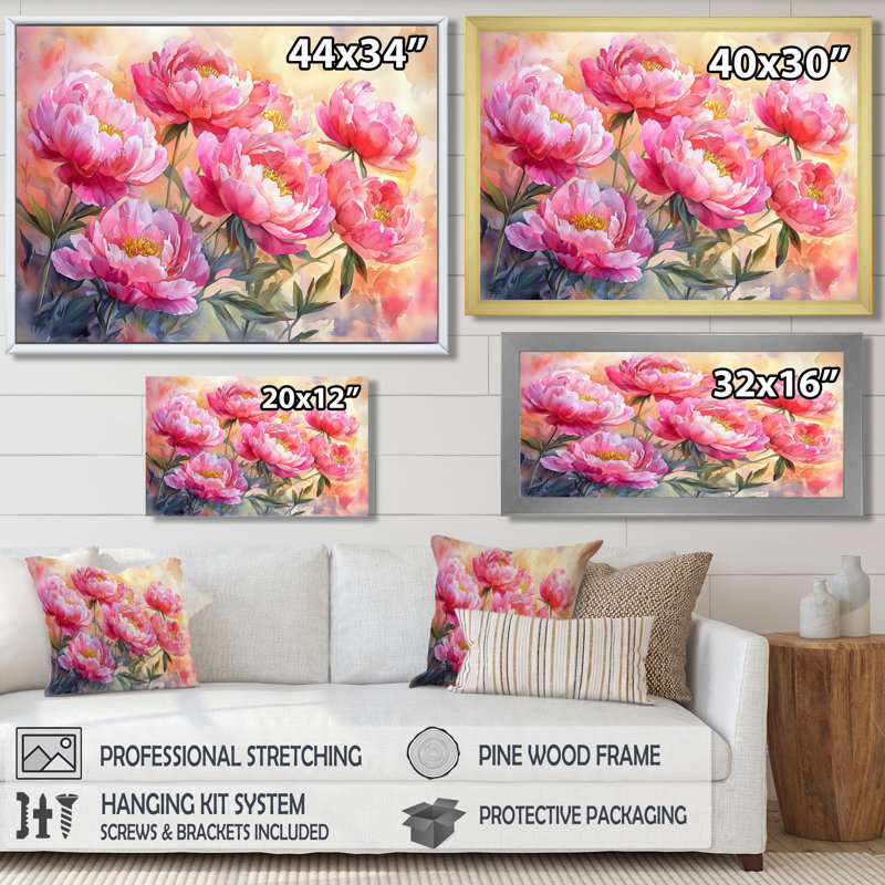 Ilhom pivoines au lever du soleil II - pivoines, art mural, H 30 po x l 40 po, Impression encadrée flottante, Crème, crème