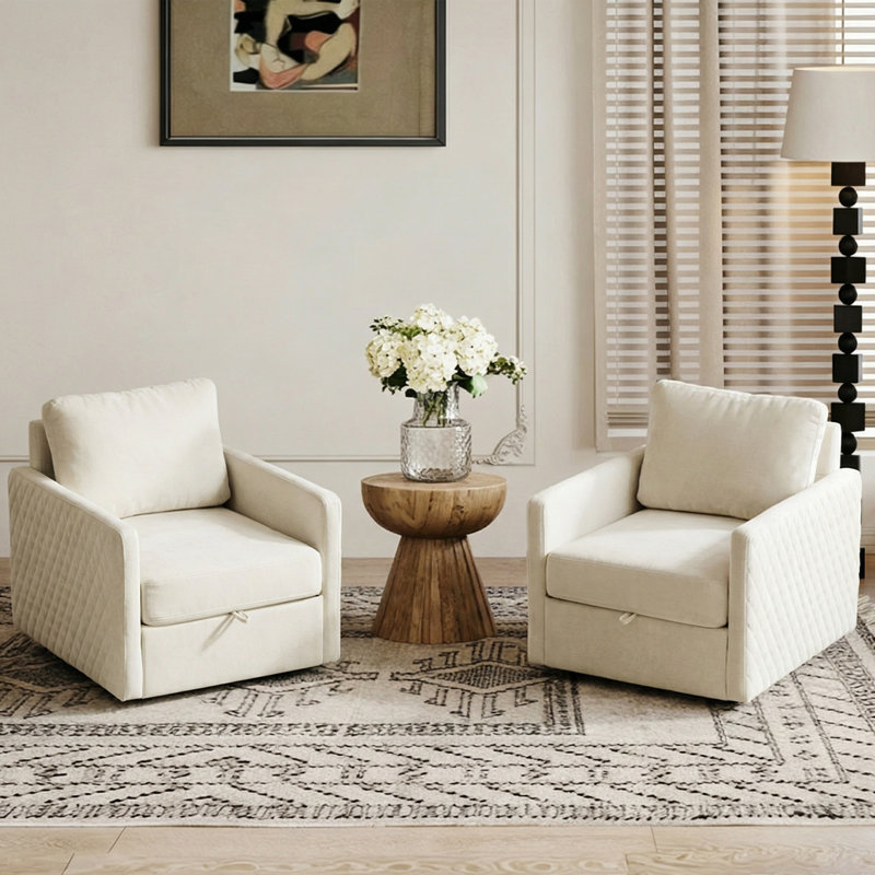 Fauteuil demi-tonneau pivotant capitonné en chenille avec rangement caché (ensemble de 2), Beige