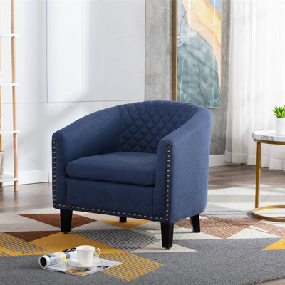 Club Barrel Chair with Padded Arms & Nailhead Trim – Upholstered in Linen, Solid Wood Legs, 250 lbs Weight Capacity – Orange/Navy (29.1" x 25.1" x 29.47")