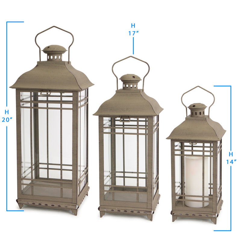 3 Piece Metal Lantern Set, 20" H x 8.5" W x 8.5" D, Brown