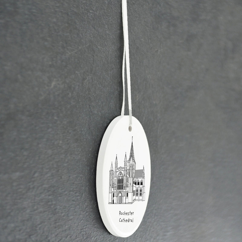 Rochester Cathedral Line Sketch Ceramic Oval Ornament Wall Décor