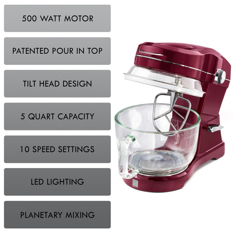 Kenmore Elite Red 5 Qt Glass Bowl Stand Mixer with Metallic Finish
