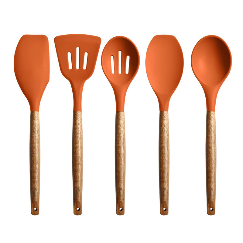 Non-Stick Cooking Utensils, Silicone Kitchen Utensils Set With Natural Acacia Hard Wood Handle, 5 Piece, Orange