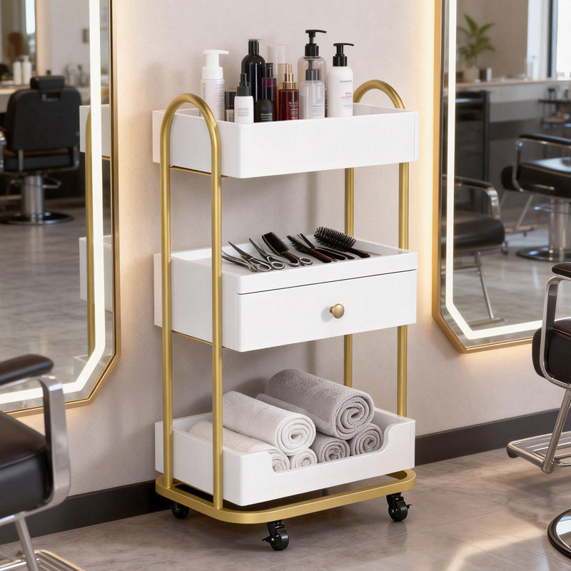 Chariot de salon blanc avec 3 plateaux et 1 tiroir, Blanc