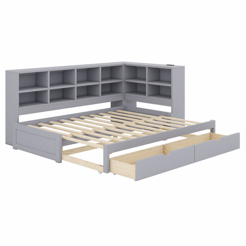 Lit de jour confort avec ports USB intégrés, lumière DEL, tiroirs de rangement et tablettes ouvertes, Gris