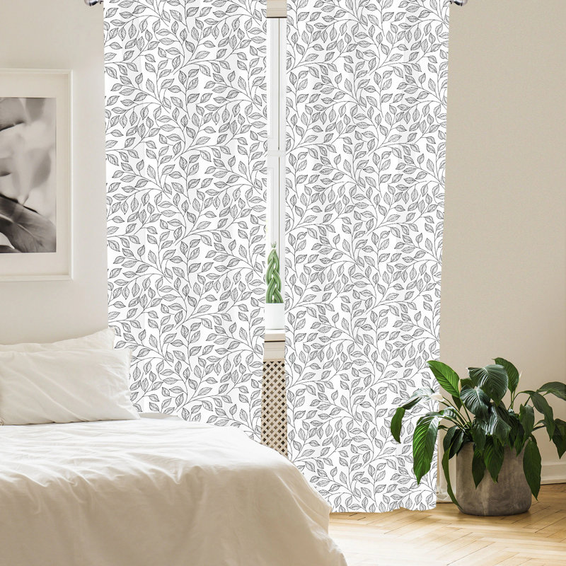 Black and White Floral Polyester Rod Pocket Curtain Panels