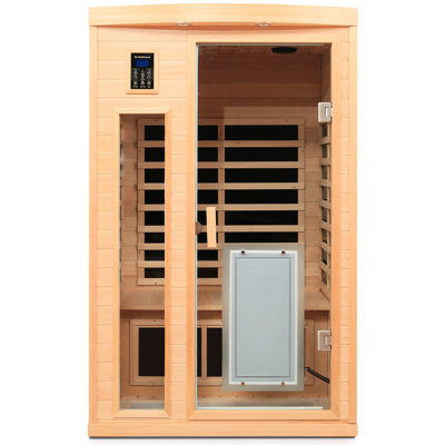 Chambre intérieure pour deux personnes avec basse, bois de pruche, infrarouge lointain, plaque chauffante sur porte en verre, 8 panneaux, commande tactile et lecture à DEL infrarouge en bois 60hz / 120v, protection de la température 110c, audio