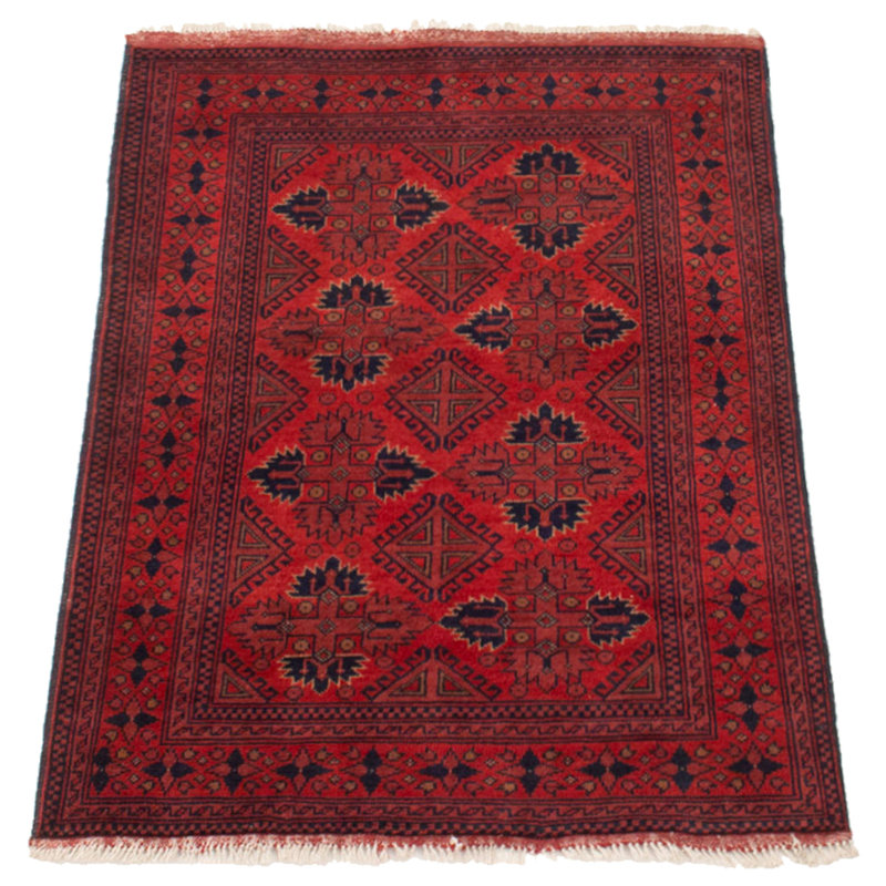 Tapis rouge foncé en laine noué à la main de conception unique 3 pi 4 po x 4 pi 8 po One Age