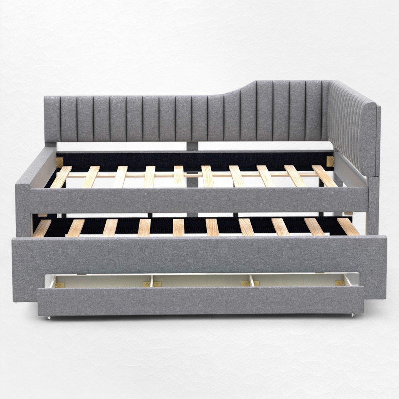 Upholstered Daybed With Trundle And Drawer, Gray, Full/Double