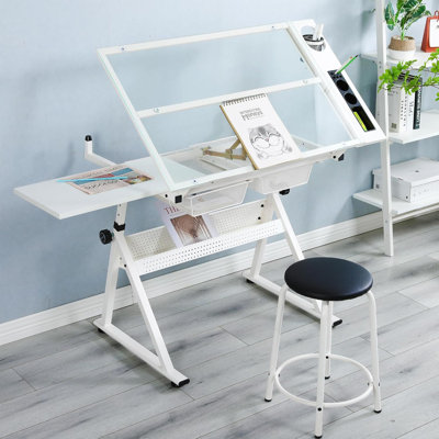 LifeSky Drafting Table Adjustable for Artists - Art Drawing Desk with Storage for Painting Sketching - Glass Top for Painters Illustrators Cartoonists