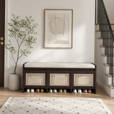 Banc de rangement pour chaussures 48 po, banc de rangement rétro avec tiroirs en rotin et coussin rembourré capitonné pour le salon, le couloir, le vestibule, l'escalier, 5 couleurs disponibles