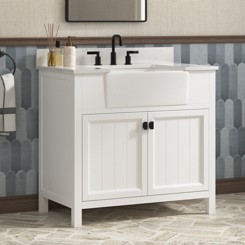 Meuble-lavabo autoportant avec comptoir en pierre artificielle, 37"