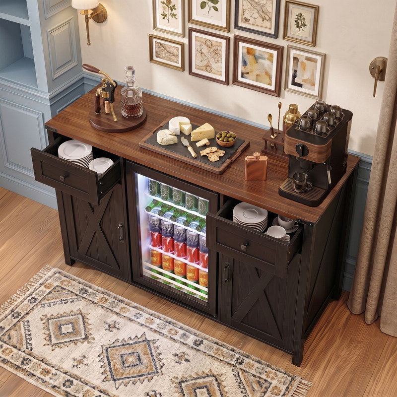 Buffet de 53 po avec buffet cannelé et barre de café avec prise intégrée et mini-réfrigérateur, Noir