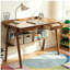 Bureau d'écriture en bois massif, bureau à domicile pour petits espaces, bureaux modernes Mid-Century avec 2 tiroirs et tablette de rangement, bureau debout avec crochets latéraux pour bureau, chambre à coucher, bureau (noyer)