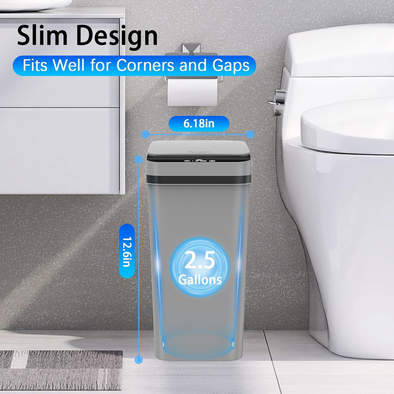 White Slim Touchless Plastic Bathroom Trash Can Set