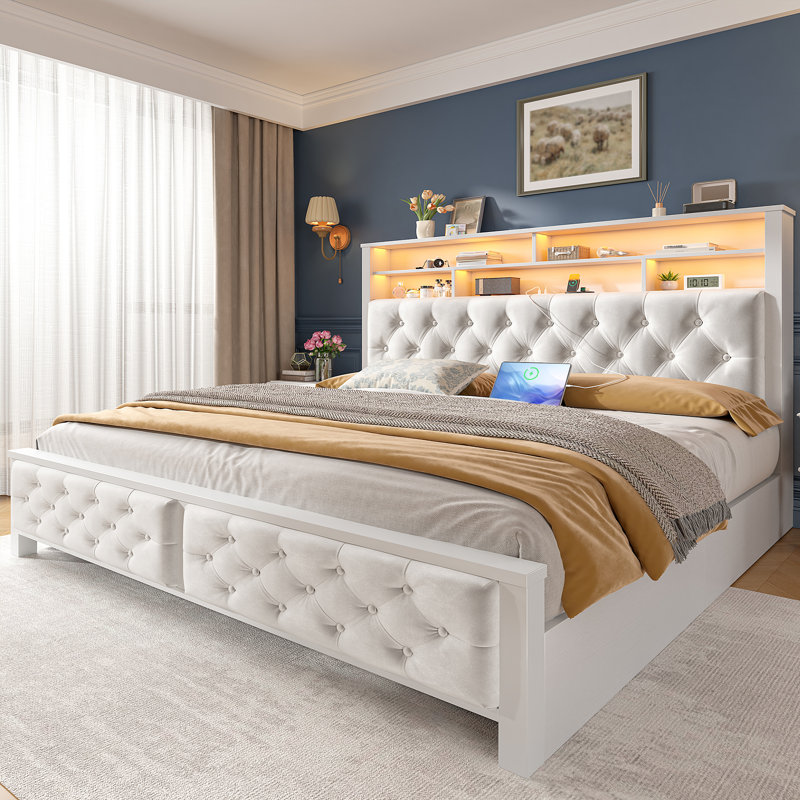 Queen Bed With Headboard,upholstered Bed With 4 Storage Drawers,modern Bed Frame With Charging Station & Led Light, Beige