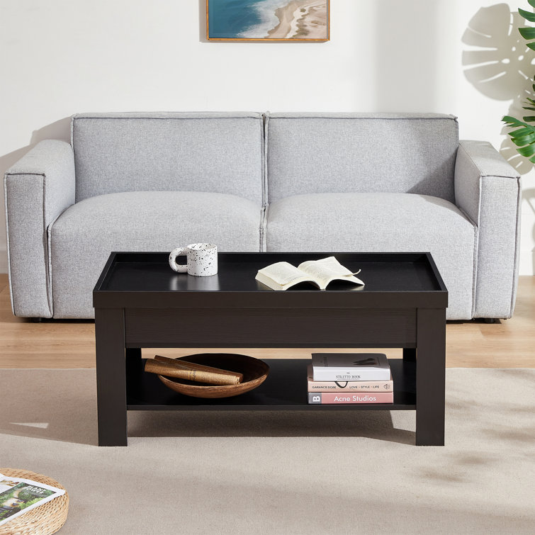 Arrik Minimalist Lift Top Coffee Table w/ Hidden Storage Compartment & Open Shelves