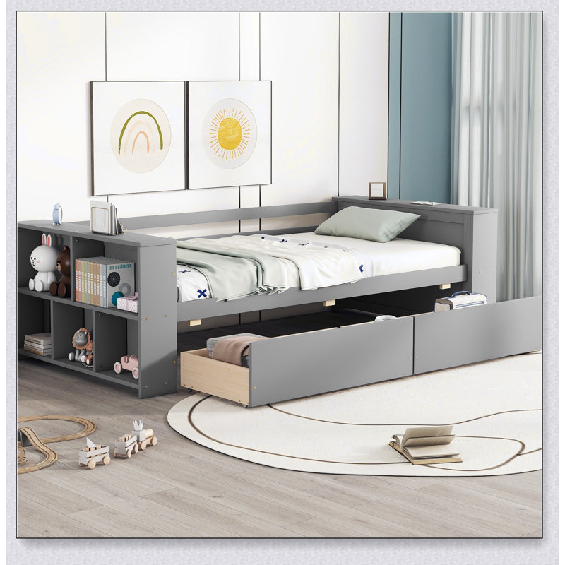 Lit de jour avec tablettes et tiroirs, Gris