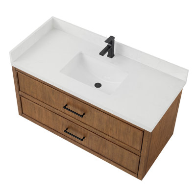 Meuble-lavabo mural simple Isola WM 48 po, fini noyer grillé, comptoir en quartz Giotto, lavabo carré encastré (1 trou), garniture noire mate