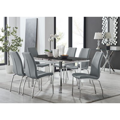 Tierra Modern Glass & Metal Extendable Dining Table Set & 6 Luxury Faux Leather Dining Chairs