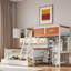 Lit superposé en bois avec bureau, tiroirs, tablettes ouvertes, armoire et éclairage à DEL