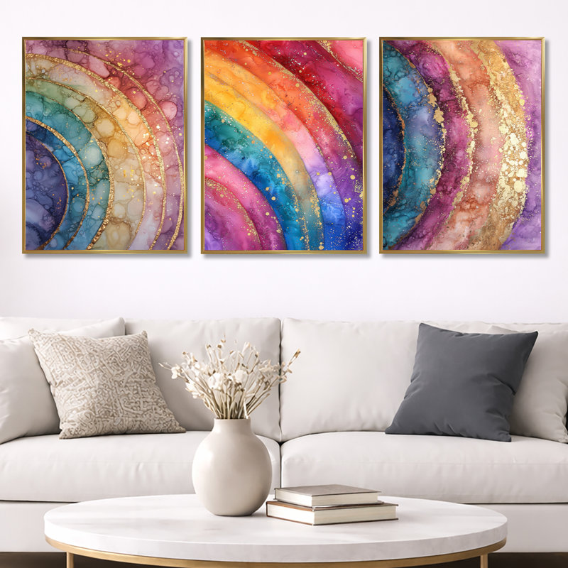 Décoration murale 3 panneaux Radiant Cascade of Rainbow, H 32 po x l 72 po, Cadre flottant doré