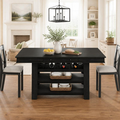 Table de salle à manger à hauteur de comptoir 60 "avec tablettes de rangement - Îlot de cuisine en bois pour 4 à 6 personnes, couleur: noir