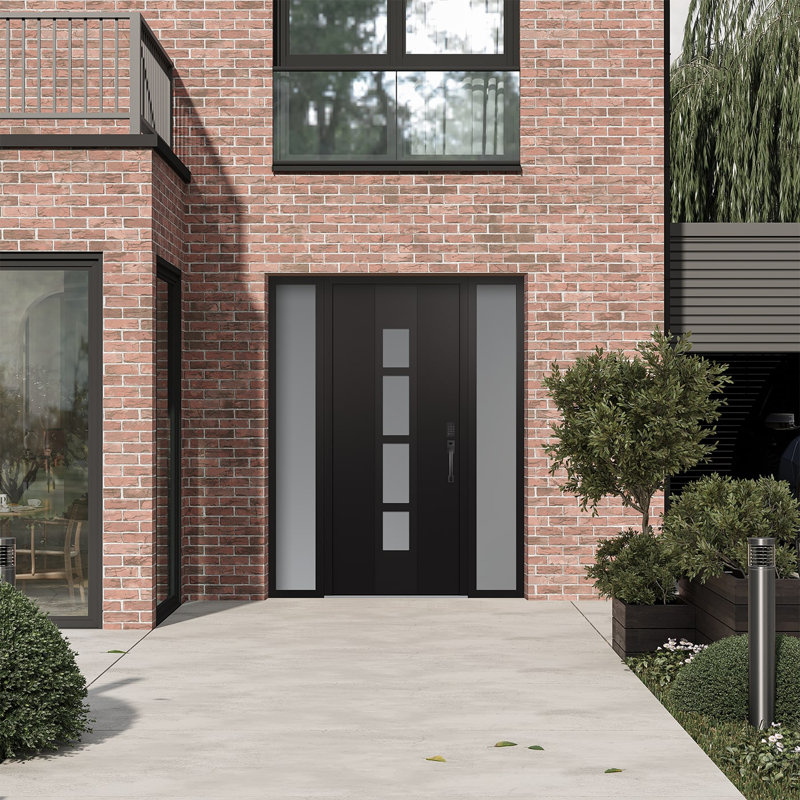 Porte d'entrée pré-suspendue à panneau en acier noir Diamond A10 avec deux panneaux latéraux, L 65,69 po x H 81,69 po