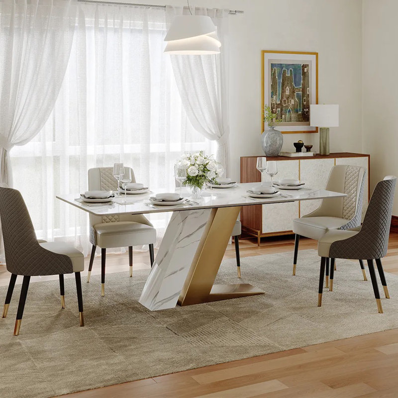  Table de salle à manger Stapp, H 29,53 po x L 78,74 po x l 39,37 po, Doré, Blanc lustré