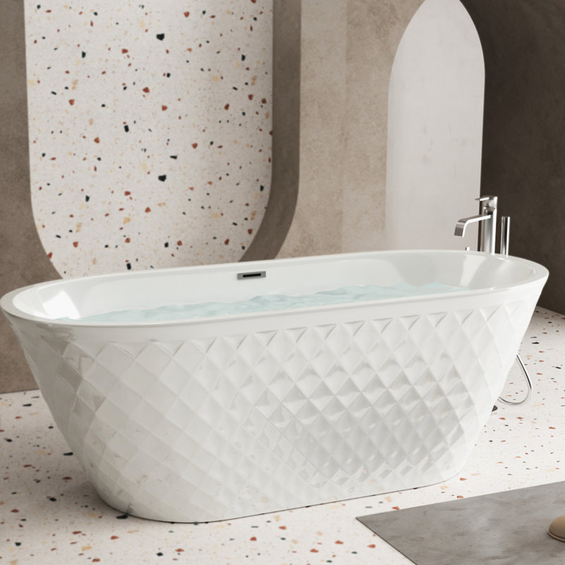 59 - Inch Acrylic Freestanding Bathtub, Oval Shape, Gloss White Finish, Center Drain, Contemporary Soaking Tub, Double Wall Insulation, Effortless Installation, Modern Style, Ce/ 61 Inches Polished