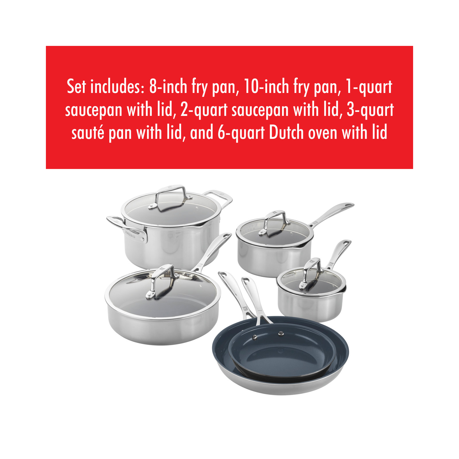 ZWILLING Clad CFX 10-Piece Stainless Steel Ceramic Nonstick Cookware Set