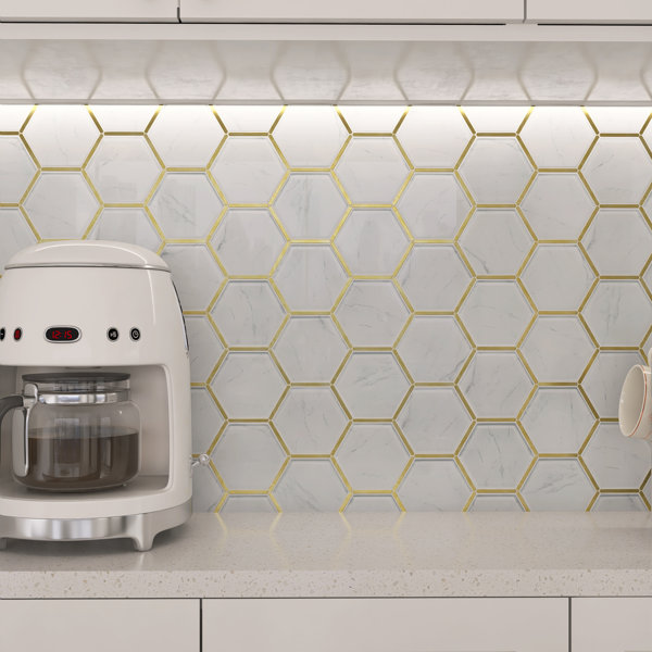 Super White Calacatta Color Crystal Glass Gold Metal Trim Hexagon Mosaic Sheet Tile By Modket