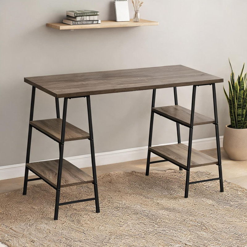 Bureau 48 pouces avec 4 tablettes ouvertes, métal contemporain et stratifié beige, style industriel