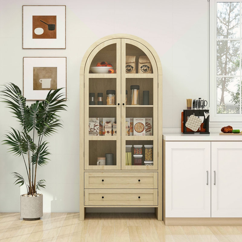 Garde-manger arqué de 70,28 po de hauteur, armoires de cuisine en bois de style campagne moderne, armoire de rangement arquée avec tablettes réglables, armoire polyvalente pour la cuisine, la salle à manger et le salon