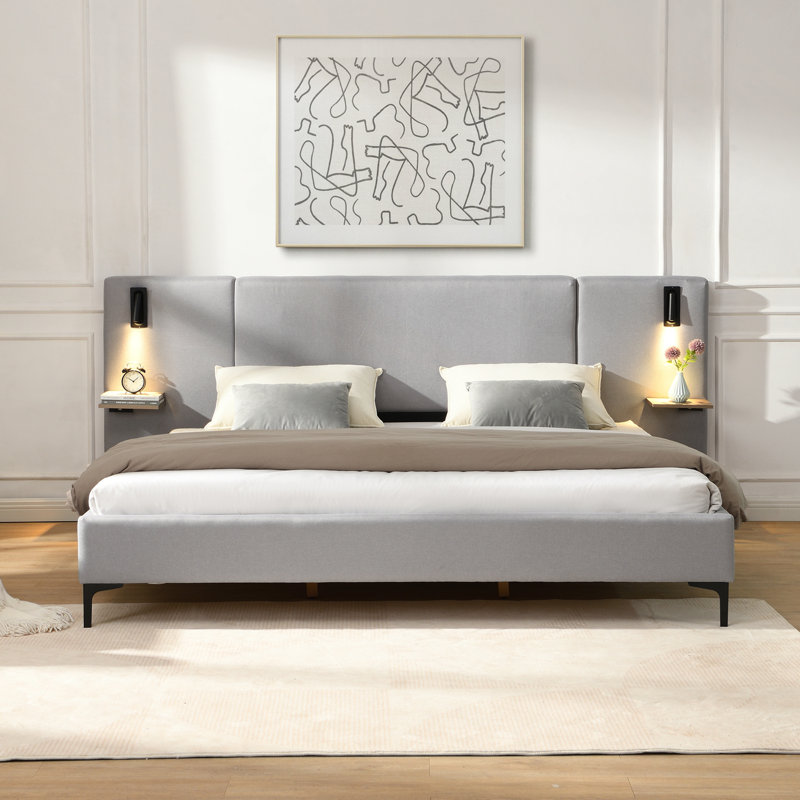 Chic Linen Upholstered Bed With Integrated Lights And Shelves For Bedroom Use, Queen, Gray