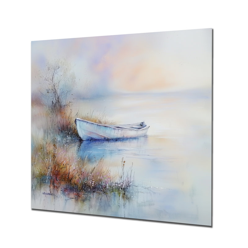 «Minimalist Boat Reflection By The Late I», impression sur métal de transport, bateau, H 36 po x l 36 po x P 0,84 po